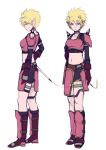  1girl armor blonde_hair blue_eyes boots choker dragon_quest dragon_quest_x gloves highres horns midriff ogre_(dq10) pecolondon pink_skin pointy_ears short_hair simple_background sketch solo spikes spiky_hair tail white_background 