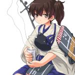  1girl armor brown_eyes brown_hair cup dd_(ijigendd) japanese_clothes kaga_(kantai_collection) kantai_collection machinery muneate personification ponytail side_ponytail sitting solo steam tea 