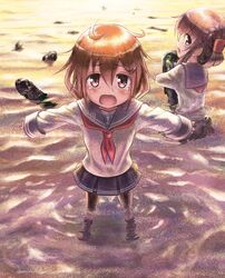  2girls brown_eyes brown_hair crying crying_with_eyes_open fang hair_ornament hairclip ikazuchi_(kantai_collection) inazuma_(kantai_collection) kantai_collection long_hair looking_at_viewer misoinu multiple_girls open_mouth partially_submerged personification school_uniform serafuku short_hair skirt tears 