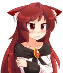  1girl animal_ears brooch brown_hair collarbone crossed_arms facing_away frown imaizumi_kagerou jewelry red_eyes shawl simple_background solo touhou tsurime white_background wolf_ears wool_(miwol) 