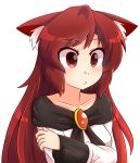  1girl animal_ears brooch brown_hair collarbone crossed_arms facing_away imaizumi_kagerou jewelry red_eyes shawl simple_background solo touhou white_background wolf_ears wool_(miwol) 