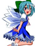  1girl aqua_hair blue_eyes blush bow cirno hair_bow honda_takaharu ice ice_wings looking_back solo touhou wings 