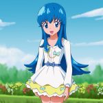  1girl :d blue_eyes blue_hair bow grass happinesscharge_precure! highres long_hair mont_blanc_(heartcatch_ayaya) open_mouth precure shirayuki_hime skirt sky smile solo 