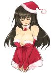  1girl bare_shoulders black_hair blush breasts bridal_gauntlets choker christmas cleavage closed_eyes hat huge_breasts long_hair original ruri_rarako santa_costume santa_hat solo 