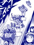  1boy 2girls admiral_(kantai_collection) comic double_bun kaneko_tsukasa kantai_collection long_hair mecha monochrome multiple_girls nagato_(kantai_collection) naka_(kantai_collection) smile transformation translation_request 