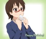  brown_eyes brown_hair eating food glasses happy_birthday k-on! manabe_nodoka mochi shizupu short_hair wagashi 