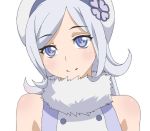  1girl aila_jyrkiainen bare_shoulders blue_eyes blush fur_trim gundam gundam_build_fighters hat long_hair oxxo_(dlengur) silver_hair smile solo 