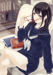 black_hair book kunimura_hakushi original removing_glasses school_uniform sitting skirt yellow_eyes 