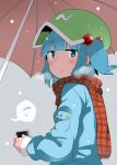  1girl blue_eyes blue_hair blush bust collagen cup hair_bobbles hair_ornament hat highres kawashiro_nitori looking_at_viewer plaid plaid_scarf scarf short_hair short_twintails snowing solo touhou twintails umbrella 