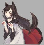  1girl animal_ears brooch brown_hair dress fang fingernails grey_background hagihara_asami imaizumi_kagerou jewelry long_fingernails long_hair long_sleeves looking_at_viewer open_mouth simple_background smile solo tail touhou wolf_ears wolf_tail yellow_eyes 