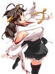  1girl ahoge alternate_hairstyle bare_shoulders black_legwear blue_eyes blush breasts brown_hair detached_sleeves double_bun hair_ornament hairband headgear highres japanese_clothes kantai_collection kongou_(kantai_collection) long_hair looking_at_viewer nontraditional_miko open_mouth personification skirt smile solo thighhighs twintails usotsuki_penta 