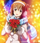  1girl bouquet brown_eyes brown_hair christmas coat earmuffs flower gloves hagiwara_yukiho highres hina_(nicoseiga) idolmaster scarf smile solo winter_clothes 
