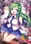  1girl ahoge bare_shoulders bird breasts cherry_blossoms common_kingfisher detached_sleeves frog_hair_ornament green_eyes green_hair hair_ornament hair_tubes kochiya_sanae long_hair looking_at_viewer moniringo open_mouth path pyonta road sitting snake_hair_ornament snowing snowman solo touhou tree_branch 
