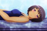  1girl blue_swimsuit blush breasts dokurou_skull highres kami_nomi_zo_shiru_sekai lens_flare looking_at_viewer lying on_back parted_lips pool purple_hair school_swimsuit short_hair solo swimsuit tan violet_eyes von-cx water 