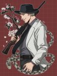  1boy alto_clef assa blonde_hair facial_hair flower gun hat labcoat male necktie parted_lips red_background scp_foundation smile snake striped tagme tree_branch weapon 