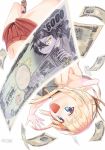  1girl asamatsuri_hagane blonde_hair blue_eyes elza_stuart gotou_masaki hair_ornament hairclip hat heterochromia highres ichiba_kurogane ichiba_kurogane_wa_kasegitai long_hair money newspaper ponytail solo upside-down yellow_eyes 