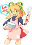  1girl apron blonde_hair engrish green_eyes hair_ribbon iroyopon mixing_bowl ranguage ribbon rockman rockman_(classic) roll simple_background whisk 