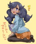  1girl black_hair black_legwear blue_eyes braid dark_skin espurr irouha long_hair looking_at_viewer matiere_(pokemon) open_mouth pantyhose patches pokemon pokemon_(creature) pokemon_(game) pokemon_xy sitting skirt smile sweater torn_clothes translation_request twin_braids wariza yellow_background 