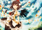  1girl armband belt bird_wings black_legwear brown_hair camera cloudy_sky floral_print frilled_skirt frills hat kaio_(watagami) looking_at_viewer mountain open_mouth photo_(object) pom_pom_(clothes) puffy_short_sleeves puffy_sleeves red_eyes shameimaru_aya short_hair short_sleeves skirt solo thighhighs tokin_hat touhou wind_lift 