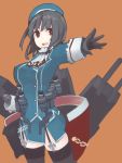  1girl black_hair breasts cannon garter_straps gloves kantai_collection large_breasts mikoto_(oi_plus) military military_uniform orange_background outstretched_arm personification red_eyes short_hair simple_background skirt solo takao_(kantai_collection) thighhighs turret uniform zettai_ryouiki 