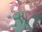  2girls animal_ears anime_coloring bow braid breasts bwell cart cat_ears cat_tail clouds dress fairy_wings flying green_dress hair_bow halo hitodama kaenbyou_rin light_smile looking_at_viewer multiple_girls multiple_tails red_eyes redhead ribbon short_hair tail touhou twilight twin_braids wind wind_lift wings zombie_fairy |_| 