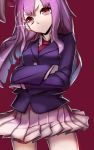  1girl blazer crossed_arms long_hair necktie pleated_skirt purple_hair red_background red_eyes reisen_udongein_inaba skirt slit_pupils solo touhou 