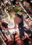  1girl ass back blood blue_eyes dress green_hair hands hat hat_ribbon looking_at_viewer looking_back pillar pool_of_blood ribbon shiki_eiki skull solo torn_clothes torn_dress torn_shirt touhou turning urabe_michiru 