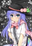  1girl arm_behind_back blue_eyes blue_hair food frown fruit grey_background hat hat_ribbon hinanawi_tenshi layered_dress leaf long_hair looking_at_viewer mikage000 peach ribbon scarf short_sleeves solo touhou 