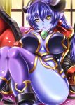  1girl astaroth_(shinrabanshou) black_sclera blue_hair blue_skin blush boots breasts bridal_gauntlets demon_girl demon_horns demon_tail demon_wings earrings heart heart_earrings horns jewelry kittan_(cve27426) large_breasts lipstick long_hair looking_at_viewer makeup nail_polish parted_lips pointy_ears shinrabanshou sitting solo tail thighs wings yellow_eyes 