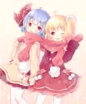  2girls alternate_costume aogiri_sei blonde_hair blue_hair blush casual flandre_scarlet gloves multiple_girls no_hat no_wings open_mouth pantyhose red_eyes remilia_scarlet scarf shared_scarf short_hair siblings side_ponytail sisters touhou wink 