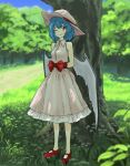  1girl alternate_costume arms_behind_back bare_shoulders bat_wings blue_hair bow dress full_body grass hat highres mary_janes no_socks red_eyes remilia_scarlet shade shiratama_(hockey) shoes short_hair smile solo standing sundress touhou under_tree wings wink 