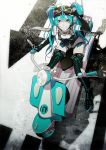  1girl akiakane aqua_eyes aqua_hair boots cross-laced_footwear elbow_gloves fingerless_gloves gloves goggles goggles_on_head grin hatsune_miku lace-up_boots long_hair motor_vehicle motorcycle nail_polish scarf smile solo thigh_boots thighhighs twintails vehicle vocaloid 