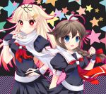  2girls ahoge black_hair blonde_hair blue_eyes braid fingerless_gloves gloves hair_ornament hair_ribbon hairclip kantai_collection long_hair looking_at_viewer masuyama_kei multiple_girls personification pleated_skirt red_eyes ribbon school_uniform serafuku shigure_(kantai_collection) short_sleeves single_braid skirt smile yuudachi_(kantai_collection) 