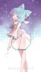  1girl alternate_costume bell blue_eyes blue_hair bow cirno dress english hair_bow maiwetea open_mouth smile snowing star touhou 