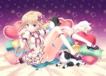 1girl blonde_hair blue_eyes bow bracelet breasts choker cleavage cow dress earrings frills hair_bow jewelry kneehighs mary_janes nail_polish narinn original panties pillow ring shoes solo stuffed_animal stuffed_penguin stuffed_sheep stuffed_toy underwear 