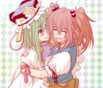  2girls blue_eyes blush closed_eyes green_hair hug kitsune_maru long_hair multiple_girls onozuka_komachi open_mouth red_hair shiki_eiki smile touhou twintails 