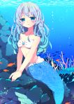  1girl aoi_rena blue_eyes blue_hair breasts bubble cleavage coral fish highres long_hair mermaid monster_girl original rock shell shell_bikini sitting solo underwater 