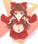  1girl alternate_costume bow breasts brown_eyes brown_hair christmas cleavage gloves hair_bow hair_tubes hakurei_reimu highres long_hair looking_at_viewer merry_christmas open_mouth red_gloves santa_costume solo touhou x&amp;x&amp;x 