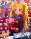  1girl blonde_hair blush character_name daruma_doll emily_stuart idolmaster idolmaster_million_live! jacket long_hair official_art smile solo twintails violet_eyes winter_clothes 