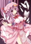  1girl adapted_costume book breasts crescent dress hair_ribbon hat long_hair matsuri_uta open_book open_mouth patchouli_knowledge purple_hair ribbon solo striped striped_dress touhou violet_eyes wrist_cuffs 