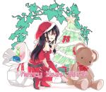  1boy bag bellezza_felutia blue_eyes boots christmas costume crossdressinging doll dress gift hat heterochromia male original outfit red_dress red_eyes santa_costume sitting skirt smile solo thigh-highs trap 