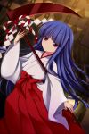  1girl bangs blue_hair blunt_bangs bow dutch_angle furude_rika highres higurashi_no_naku_koro_ni japanese_clothes long_hair long_sleeves miko scythe shide solo standing uzu_hi violet_eyes wooden_lantern 