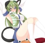  1girl animal_ears armpits arms_up blue_eyes blush breasts cat_ears cat_tail chimunge detached_sleeves eyes frog_hair_ornament green_hair green_panties hair_ornament hat kochiya_sanae long_hair open_mouth panties pyonta scarf simple_background snake_hair_ornament socks solo striped striped_scarf tail touhou underwear white_background white_legwear wink 