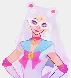  1girl bishoujo_senshi_sailor_moon blue_eyes brooch choker double_bun elbow_gloves gloves grey_background hair_ornament hairclip jewelry jszyka lipstick long_hair makeup mask pink_lips pink_lipstick sailor_collar sailor_moon solo tsukino_usagi twintails white_hair 