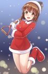  1girl blush boots brown_eyes brown_hair christmas dan_(orange_train) dress gloves hagiwara_yukiho hat idolmaster santa_costume short_hair shovel smile solo worktool 