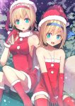  2girls alice_margatroid alice_margatroid_(pc-98) bare_shoulders blonde_hair blue_eyes culter dress dual_persona elbow_gloves gloves hair_ribbon hairband hat highres in_tree looking_at_viewer multiple_girls open_mouth red_boots red_gloves red_legwear ribbon santa_costume santa_hat sitting sitting_in_tree sleeveless sleeveless_dress smile strapless_dress thighhighs touhou touhou_(pc-98) tree v_arms zettai_ryouiki 