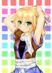  1girl armpits blonde_hair blouse blush checkered checkered_background frown gradient gradient_background green_eyes hands_on_own_head highres looking_at_viewer mikage000 mizuhashi_parsee ponytail sash scarf solo touhou tying_hair 