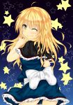  1girl ahoge alice_margatroid alice_margatroid_(cosplay) blonde_hair blue_background bow capelet cosplay dress finger_to_mouth heart highres kirisame_marisa long_hair looking_at_viewer looking_over_shoulder mikage000 smile solo star starry_background touhou wink yellow_eyes 