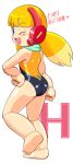  1girl ;) ass barefoot blue_eyes blush_stickers call_(mighty_no._9) call_(natsume_yuuji) highres mighty_no._9 multicolored_hair one-piece_swimsuit pepipopo robot_ears robot_joints scarf soles solo swimsuit toes twintails two-tone_hair wink 