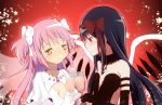  2girls akemi_homura akuma_homura alcohol bare_shoulders black_dress black_hair bust cup dress goddess_madoka hair_ribbon heart kaname_madoka long_hair mahou_shoujo_madoka_magica mahou_shoujo_madoka_magica_movie moto_(pixiv409535) multiple_girls pink_hair ribbon smile spoilers two_side_up very_long_hair violet_eyes white_dress wine wine_glass wings yellow_eyes 